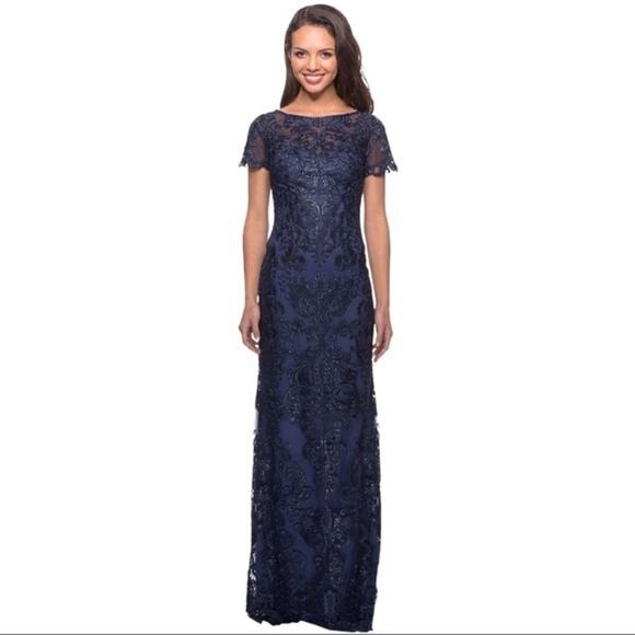 La Femme Rhinestone Embellished Short Sleeved Sheath Gown Size 10 NWT